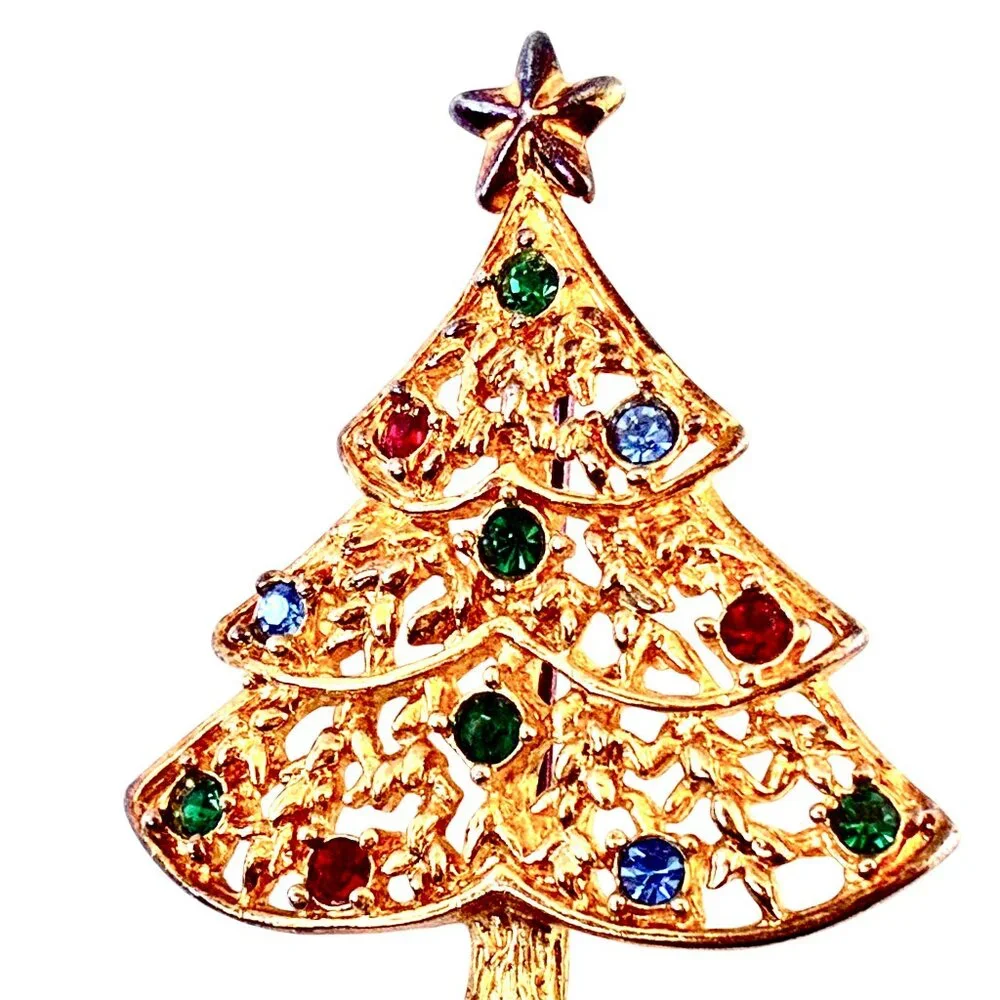 Eisenberg Ice Vtg Christmas Tree Brooch Pin Gold Tone Multi-color Rhinestones
